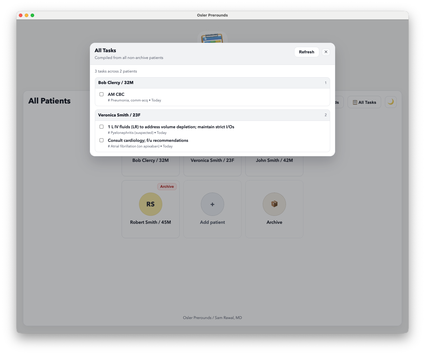 All Tasks modal combining checkbox tasks from active patients