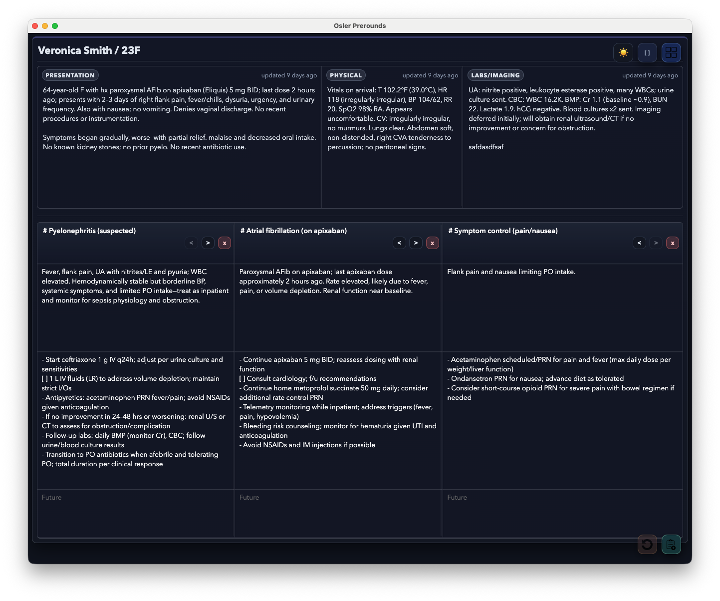 Dark mode patient sheet optimized for low-light work