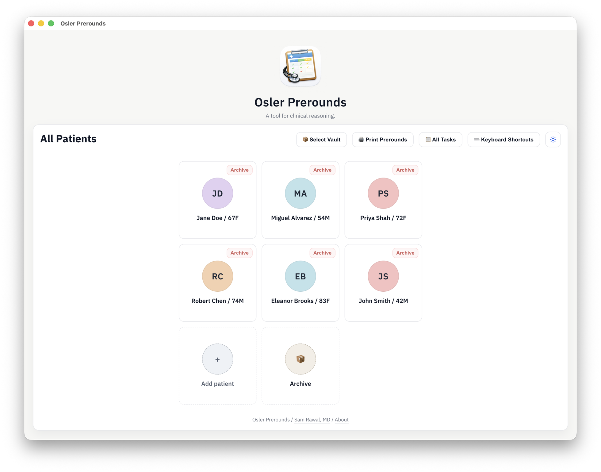 Osler Prerounds dashboard showing active patient cards and daily workflow actions