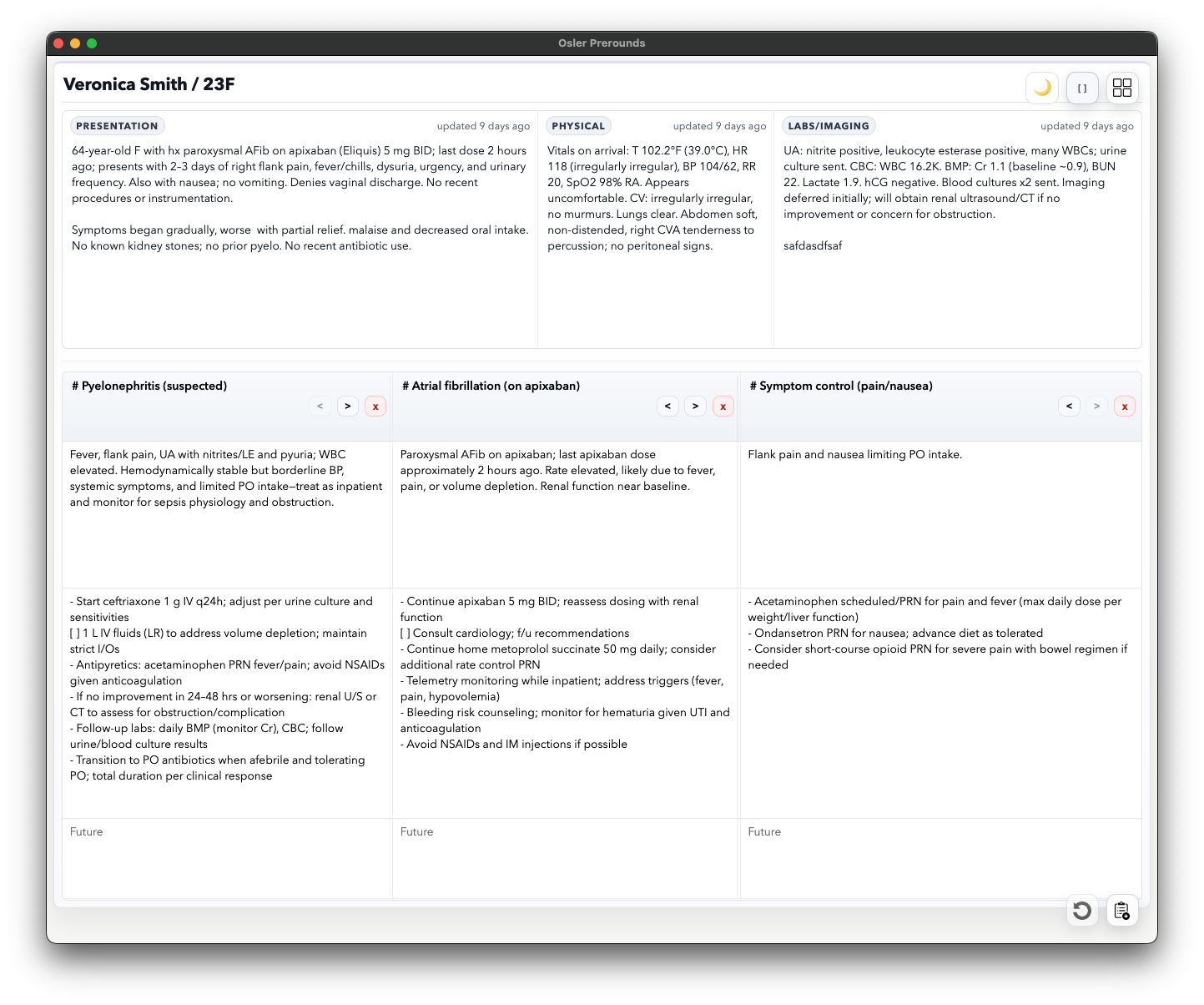 Patient sheet view with top clinical grid and problem-based table