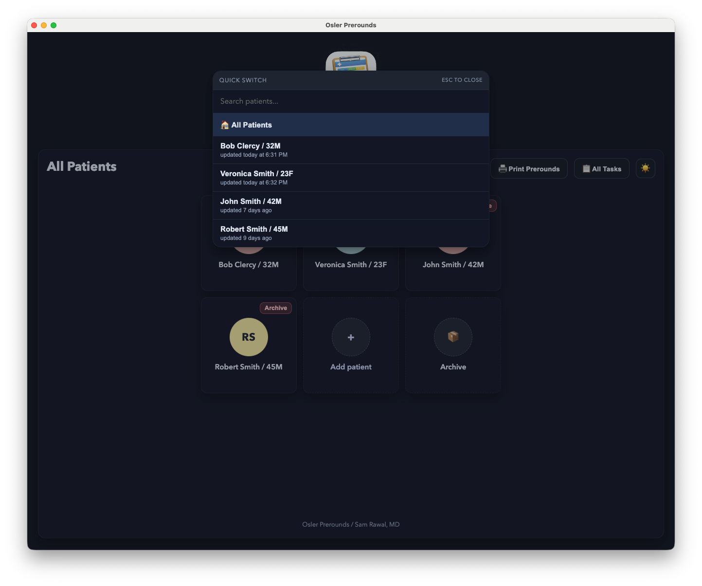 Quick switcher overlay for jumping between patients